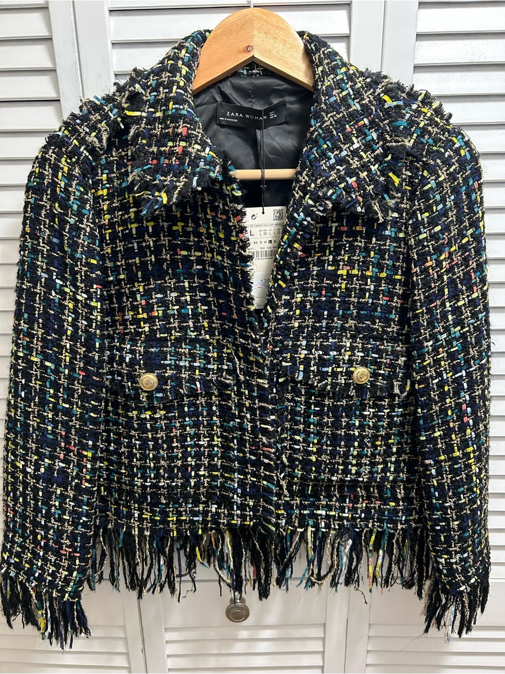 Zara Black Tweed Jacket with Multicolor Thread NWT Size L
